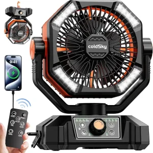 ???????????????? Camping Fan with ???????? ??????????, Battery Operated Fan with 4 LED Lantern, 8 Speeds Desk Fan with Remote, Portable Outdoor Fan with Hook for Tent, Power Outages, Jobsite