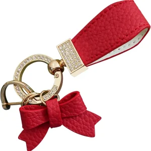 1 PC Bling Car Bow Leather Keychain, Rhinestone Keychain Decoration, Universal for Car Handbag Pendant (Gold & Red)