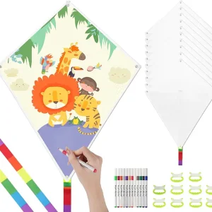 10 Pcs DIY Blank Kites for Kids in Bulk, Kite Making Kit for Kids, 23.6in Bulk Blank Diamond Kites for Painting with 10 Hand Grips, 98ft Strings & 1pack x 12-Color Pen - Easy to Fly Kite for Kid