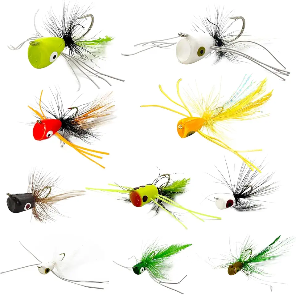 10 Pcs Fly Fishing Popper Flies Assortment Kit, Topwater Fly Fishing Popper Flys Kit for Bass Crappie Bluegill Trout Salmon Sunfish Panfish Salmon Perch
