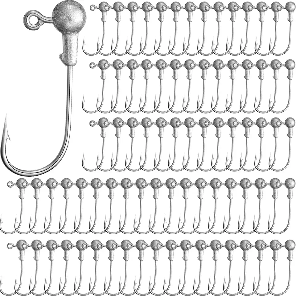 100 Pieces Jig Heads Fishing Hooks Head Jig Hooks with Barb Unpainted Hooks with Plastic Fishing Box for Fishing (1 g/ 1/32 oz)