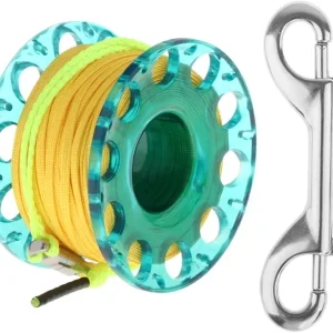 100FT Scuba Diving Reel Large Scuba Spool Finger Reel with Double-Ended Bolt Snap Clip for Underwater Scuba Diving Snorkeling Spearfishing, Blue Reel+yellow Line