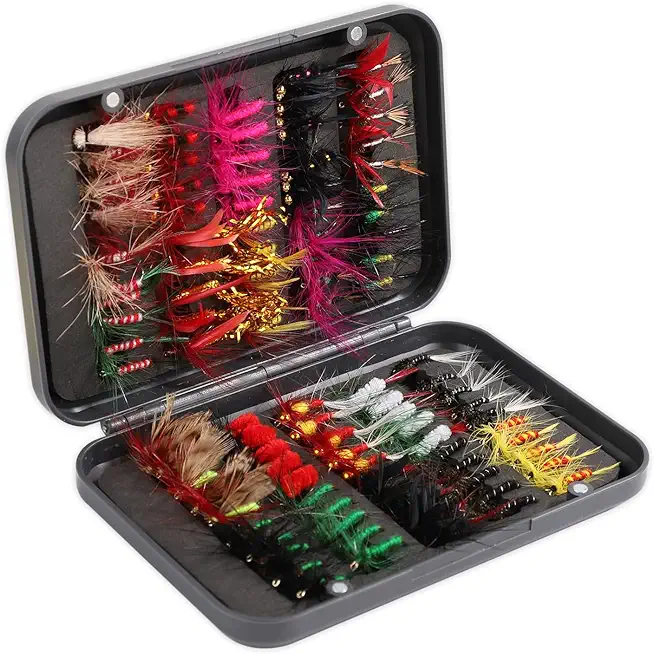 100pcs Fly Fishing Kit, Fly Fishing Assortment Kit with Storage Box Wet Dry Flies Nymphs Streamer Fly Lures Bait Hook for Trout Bass Salmon Fly Fishing Accessories Gear Gift