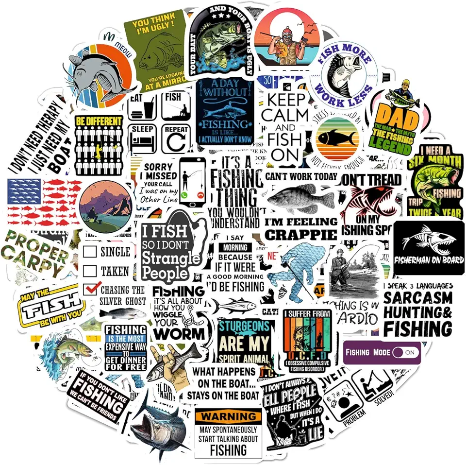 100Pcs Funny Fishing Stickers � Fisherman Decals for Laptops, Water Bottles, Scrapbooking � Fishing Gifts for Men & Women, Gift for a Fisherman, Laptop Decals