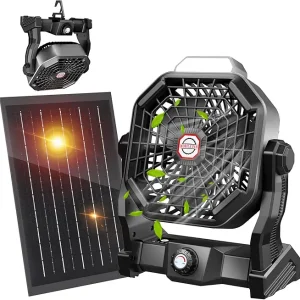 10400mAh Solar fan with LED Lantern, Camping Fan with Solar Panel, 7W Rechargeable Solar Powered Fan for Outside, Quiet Battery Operated Tent Fan for Picnic, Barbecue, Fishing, Travel, Black