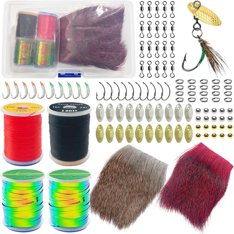 107Pcs Fly Tying Materials Kit Flashabou, Threads, Fishing Beads, Spinner Blades, Split Rings, Snap Swivels, Fly Tying Hooks DIY Supplies for Fly Fishing Flies Spinners Trout Bass Salmon