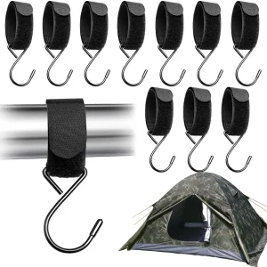 10Pcs Outdoor Hunting Tent Hanging Hooks Black Hunting Shelter Hooks Multi Functional Metal Hooks with Straps Adjustable Velcro Hooks for Outdoor Hunting Camping Hiking Ice Fishing