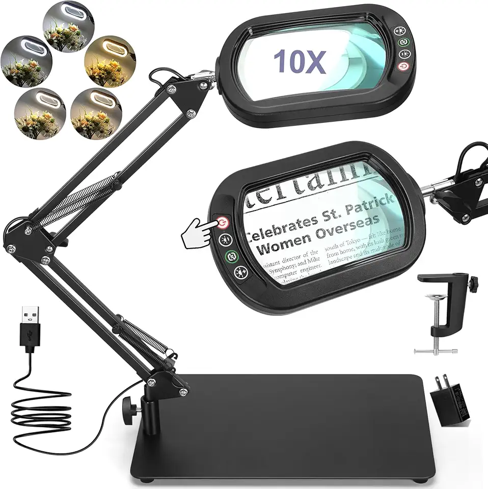 10X Square Magnifying Glass with Light and Stand, Real Glass LED Lighted Magnifier, 5 Color Modes Stepless Dimmable, Hands-Free Mag Desk Lamp with Clamp for Reading Craft Hobby Close Work