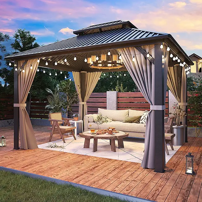 10x12 FT Gazebo Hardtop Gazebo Aluminum Pergola with Aluminum Frame, Double Galvanized Steel Roof, Curtains and Netting Included Outdoor Gazebos Canopy for Patio, Backyard, Deck, Lawn,Grey