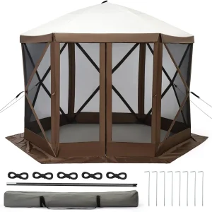11.5x11.5FT 6-Sided Pop Up Gazebo Tent, Waterproof UV Protected Screen Tent, Portable Camping Canopy Sun Shelter with Carry Bag, Guy Ropes & Stakes, for Camping Outdoor Party Backyard