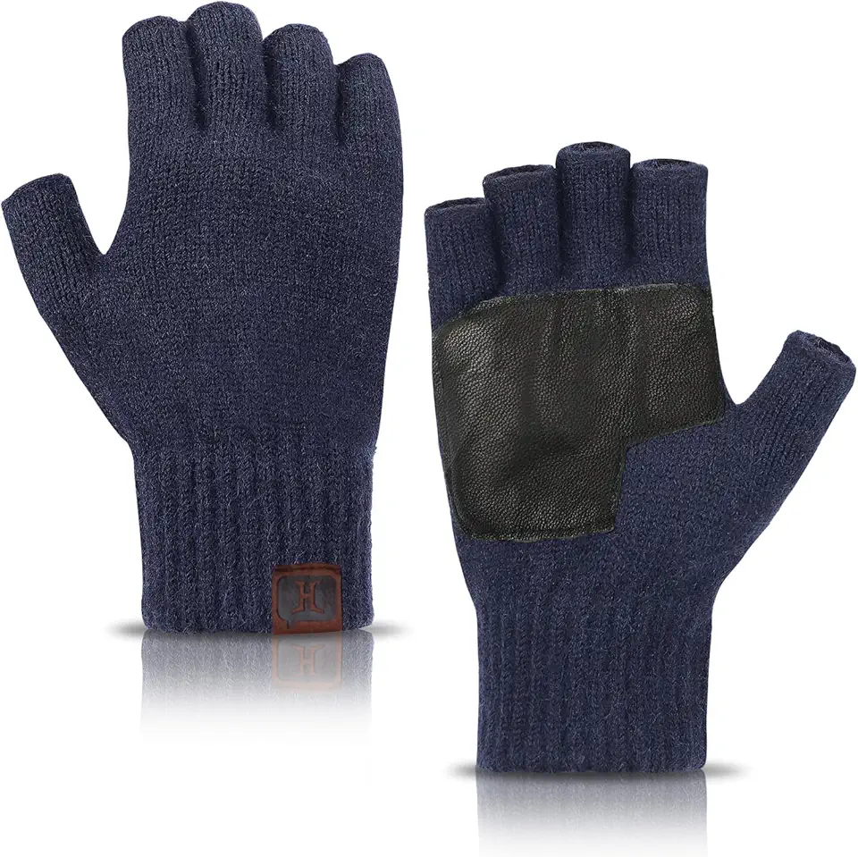 1/2 Pairs Winter Knit Fingerless Gloves, Warm Touchscreen Texting Open Finger Gloves with Anti-Slip Leather