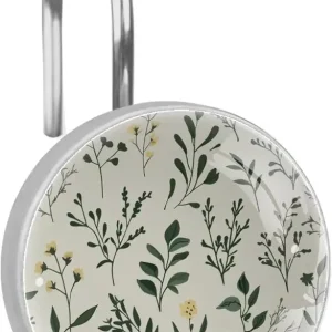 12 Pcs Shower Curtain Hooks, Rust Proof Stainless Steel Curtain Rings for Bathroom Bedroom Living Room Kitchen Shower Rod, Sage Green Flowers Herbs Branches Leaves