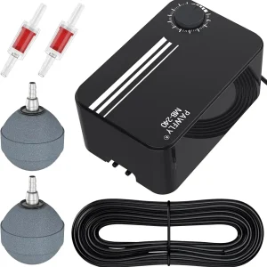 120 GPH Pond Aeration Kit Dual Outlets Adjustable Oxygen Aerator Pond Air Pump Kit with Stone Airline Tubing and Check Valve Accessories for Water Gardens & Koi Fish Ponds up to 300 Gallons