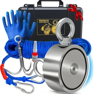 1200 LB Magnet Fishing Kit with Case - 2 Fishing Magnets in 1 (Double Sided Magnet) - with Grappling Hook, Heavy Duty 65FT Rope, Gloves, Carabiner and Foldable Bucket.