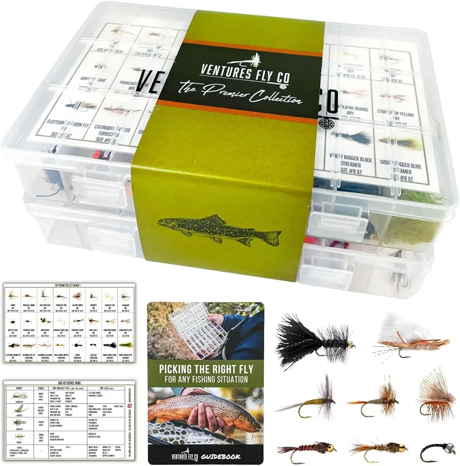 122 Premium Hand Tied Fly Fishing Flies Assortment | Two Fly Boxes Included | Dry, Wet, Nymphs, Streamers, Wooly Buggers, Terrestrials | Trout, Bass Lure Set, Kit, Gift
