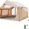 12x7.5 FT Large Inflatable Tent with Stove Jack, 8-10 Person Camping Tent with Electric Air Pump, Clear Skylight & Stove Jack, 420D Oxford Waterproof, Air Tent with Mesh Windows/Doors
