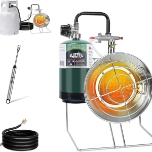 15,000 BUT Multi-Use Portable Propane Heater/Cooker, Outdoor Gas Heater with 8 FT Hose Piezo Ignitor Tip-over Protection Propane Heater for Garage, Patio, Camping, Hunting, Ice Fishing