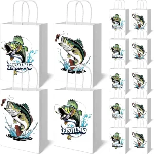 18Pcs Fishing Gift Bags with Handles Gone Fishing Party Favor Bags Fisherman Paper Goodie Bags for Baby Shower Little Fisherman Fishing Theme Birthday Party Supplies