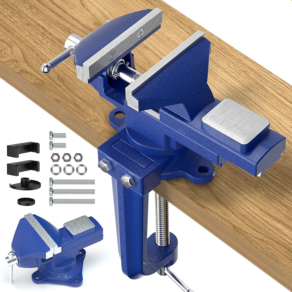2-in-1 Bench Vise For Workbench 3.2"- Multi-functional Portable 360� Swivel Base Bench Clamp On Vice/Table Vise For Woodworking, Cutting Conduit, Drilling, Metalworking, Blue