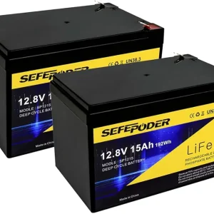 2 Pack 12V 15Ah LiFePO4 Deep Cycle Battery, 2000+ Cycles Rechargeable Battery for Scooter, Lighting, Power Wheels, Fish Finder and More with Built-in 16A BMS