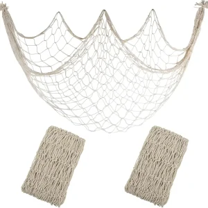 2 Pack Fish Net Decorations - 80x40 Inch Beige Fishing Net Decor for Under The Sea Hawaiian Beach Themed Party, 3mm Thick Natural Cotton Versatile Nautical Netting for Party Wall Table Ceiling Decor