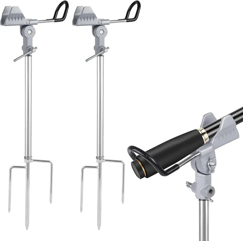 2 Pack Fishing Rod Holders Multifunctional Stainless Steel Stand, Texture 360 � Adjustable & Detachable Easy to Carry, Fishing Pole Holders for Ground, Beach (Silver)