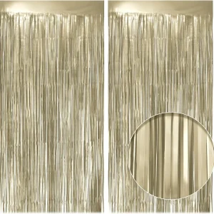 2 Pack Metallic Champagne Gold Fringe Backdrop, 3.2x8.2ft Shining Foil Tinsel Curtains, Birthday Party Decorations Door Streamers for Halloween, Christmas, Wedding, Graduation, Holiday, Theme Events