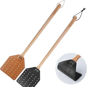 2 Pack Sturdy Leather Fly Swatter for Indoors - (19.7�)Long Handle Heavy Duty Wood Fly Swatter With Hanging Rope, Durable Fly Swatter for Outdoor Rustic Bug Swatter Flies,Mosquitoes And Bees