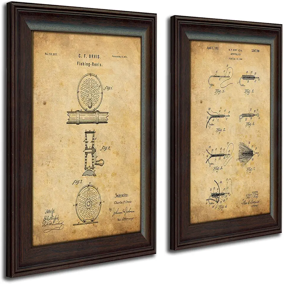 2 pc Framed Modern Patent Set - Fly Fishing 14"x17" each