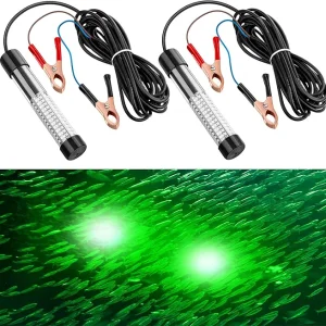 2 Pcs 12V 10W Green Underwater Fishing Light Submersible Lure Bait Light LED Fishing Attracting Light Night Green Glow Fishing Finder Lamp for Pool Boat Sea Ice Fishing Crappie Squid Shad Shrimp