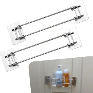 2 PCS RV Shower Room Corner Storage Rod, 7 "-13" Retractable Length Multi-Function Hanging Organizer to Avoid Dropping, Flexible Multi-Angle Corner Shelf Bars, Universal for RVs (Silver)