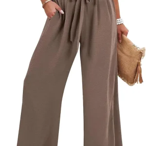 2025 Summer High Waisted Linen Wide Leg Pants Drawstring Elastic Waist Flowy Palazzo Trousers with Pockets
