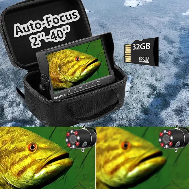 2025 Upgrade [Auto-Focus 2''- 40''] FishPRO� Underwater Fishing Camera DVR 32GB, Ice Fishing Camera Underwater 1200TVL, IR&LED Light for Dark, 4500mAh Li-Battery w/ [Spare Charging Port], 49Ft Cable