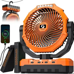 24000mAh Camping Fan - 9-Inch Detachable Rechargeable Battery Operated Fan with Light & Hook for Tent, Outdoor - USB Table Fan with 4 Speeds for Picnic, BBQ, Fishing, Travel, Hurricane
