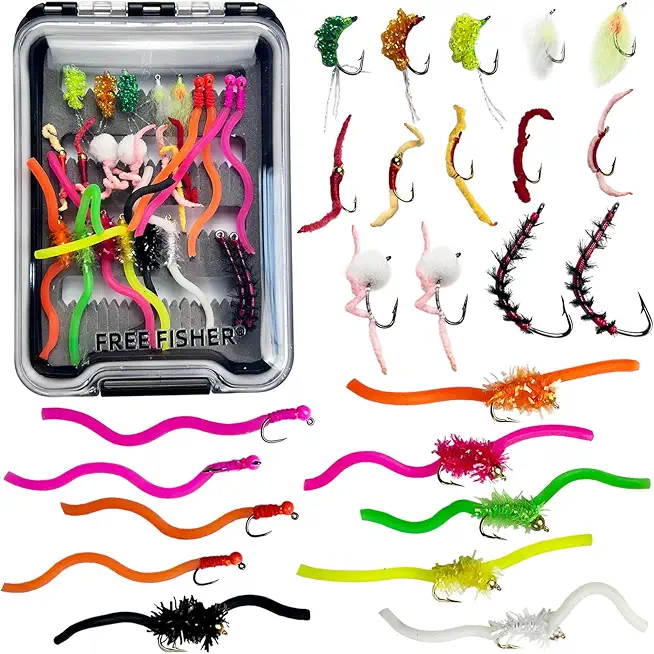 24Pcs Fishing Flies Kit Wet Nyphms, Squirmy Wormy, Egg Fly Flies, Bunny Muddler Flies, Caddis, Worm Fly Fishing Flies Assortment Kit with Box #6#10#12#14