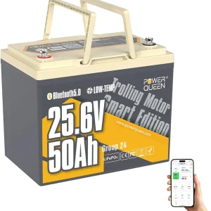 24V50Ah LiFePO4 Battery with Bluetooth 5.0 Remote Control, Low-temperature Protection, 1280Wh Energy, Deep Cycle Group 24 Lithiumn Battery for 24V Trolling Motor Up To 100 lbs