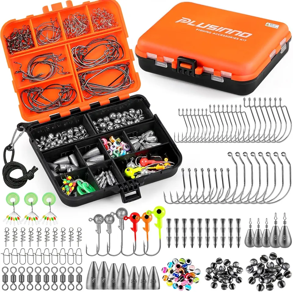 253/387pcs Fishing Gear Accessories Kit, Fishing Tackle Box with Tackle Included, Fishing Hooks, Fishing Weights Sinkers, Spinner Blade, Fishing Equipment for Bass Trout Bluegill Crappie