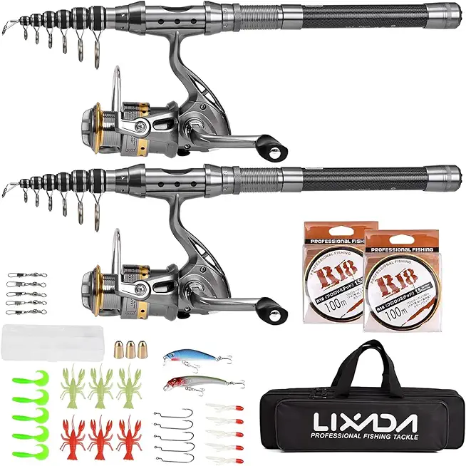 2PCS Fishing Pole Combo Set 1.5/1.8/2.1/2.4m Rod Reel Telescopic Fishing Rod Carbon Fiber Spinning Reels Fishing Set with Hooks Soft Lures Barrel Swivels Storage Bag