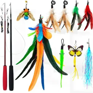 2PCS Ultra-Long Cat Teaser(50"+38")+9PCS Da Bird Feather Refills, Fishing Pole Toy,Interactive Toys -Retractable Cat Wand Toy and Feather Toys Refills Attachment Replacement for Indoor Cats