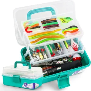 3 Layers Tackle Box with Tackle Included, 321Pcs Fishing Lures Kit Contains Pliers, Crankbait, Hooks, Weights & Accessories, Fishing Gear Bait Lure Gifts for Men Bass Freshwater (Green)