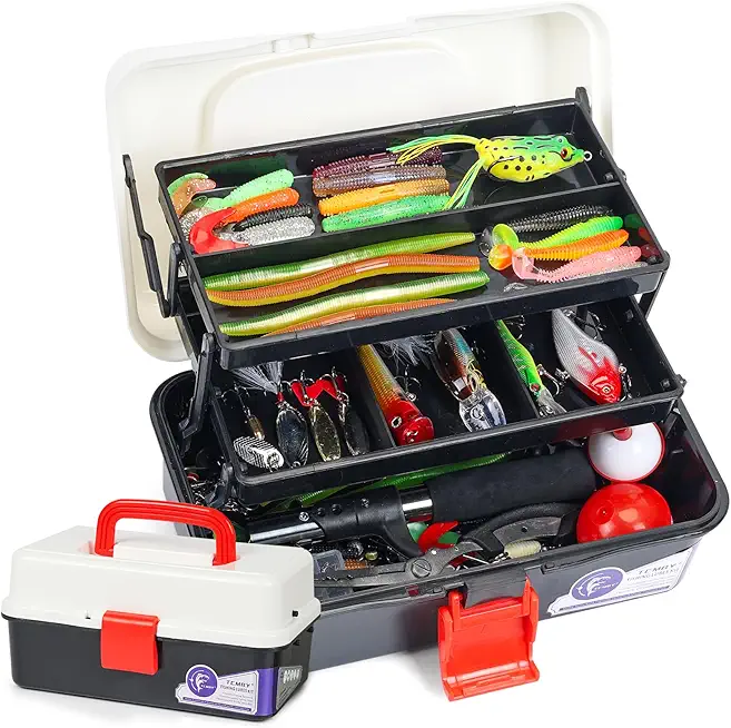 3 Layers Tackle Box with Tackle Included, 321Pcs Fishing Lures Kit Contains Pliers, Crankbait, Hooks, Weights & Accessories, Fishing Gear Bait Lure Gifts for Men Bass Freshwater (White Black)