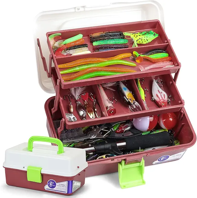 3 Layers Tackle Box with Tackle Included, 321Pcs Fishing Lures Kit Contains Pliers, Crankbait, Hooks, Weights & Accessories, Fishing Gear Bait Lure Gifts for Men Bass Freshwater (White Brown)