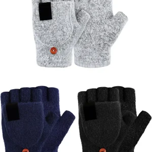 3 Pack Mittens Fingerless Gloves Winter Knitted Convertible Fingerless Gloves Flip Top Warm Mittens for Men Women