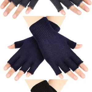3 Pairs Half Finger Gloves Winter Fingerless Knit Gloves for Men Women, Dark Grey, M