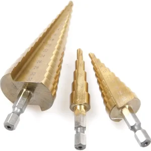 3 Pcs Hex Shank HSS Titanium Coated Step Drill Bits Set for DIY Woodworking Tool,4-/12/20/32mm