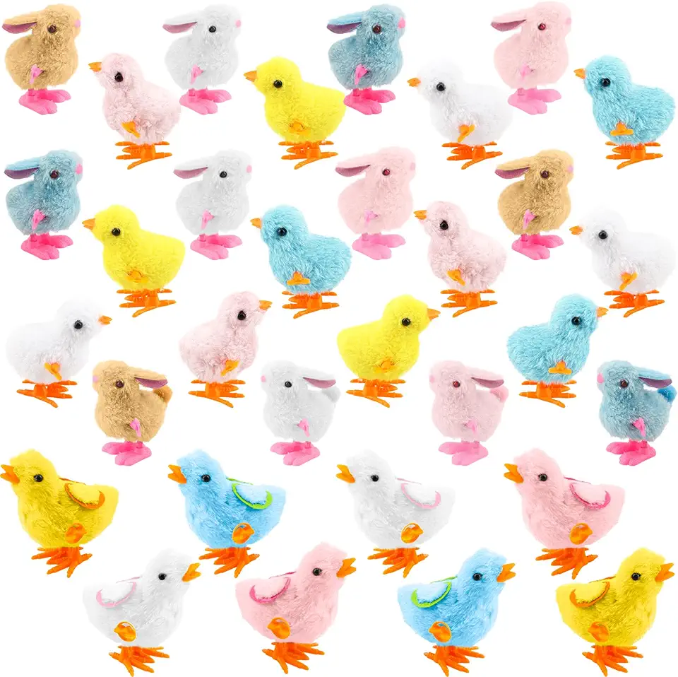 32 Pack Easter Wind Up Chick and Bunny Toys Jumping Chicken Bunny Hopping Windup Toys for Easter Egg Fillers Party Favors, 4 Styles