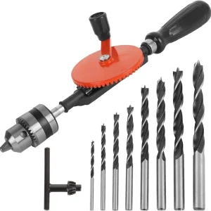 3/8 inch Hand Drill Manual Hand Crank Drill with 8Pcs Drill Bit Set, Safe Double Pinions DesignHand Drill for Wood Plastic and Metal