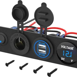 4 in 1 Charger Outlet Socket Panel 12V DC 4.8A Dual USB Power Outlet & 12 Volt Cigarette Lighter Socket & LED Voltmeter & Lighted ON/Off Rocker Toggle Switch for Marine Boat Truck RV Car