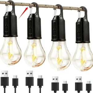 4 Pack Camping Lights Rechargeable, Hanging Tent Lights Bulb with Hook, Timer Function, 3 Lighting Modes Tent Lamp for Camping, Hiking, Backpacking, Emergency Outage(Black)