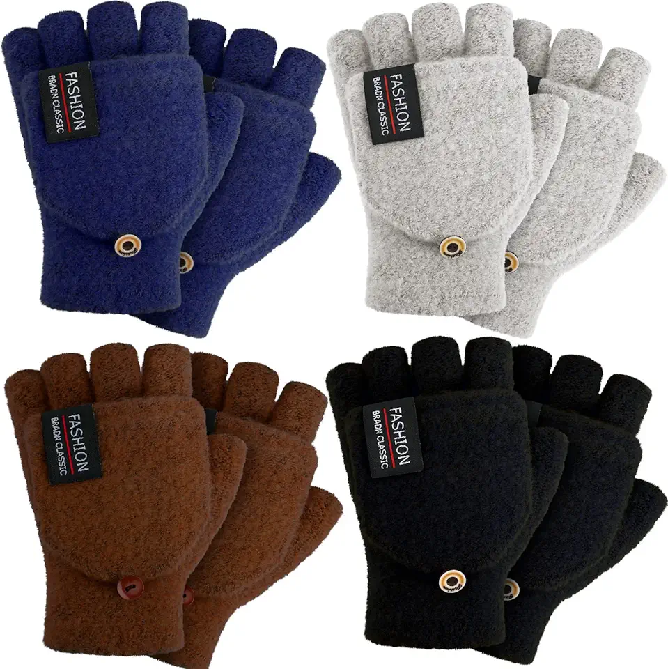 4 Pairs Winter Fingerless Gloves with Cover Convertible Mittens Knitted Gloves for Women Men